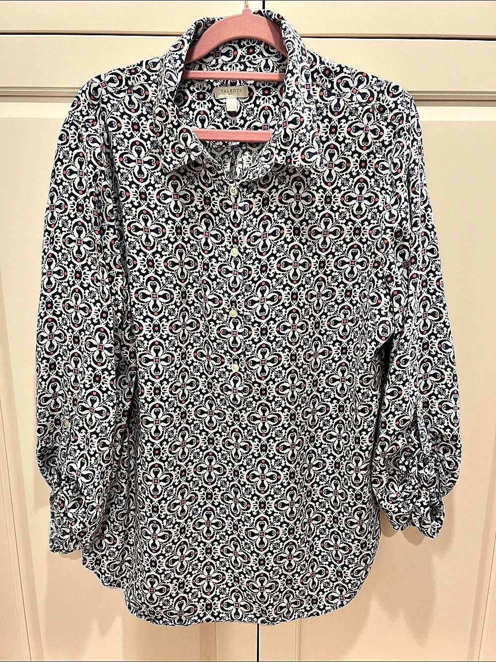 Talbots Geometric Button-Front Blouse in Black , Blue & White Large 📐